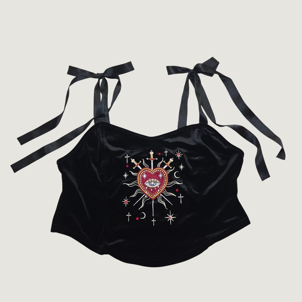 ROMWE Black Velvet Sacred Heart Embroidered Cami Top Ribbon Tie Straps 3XL